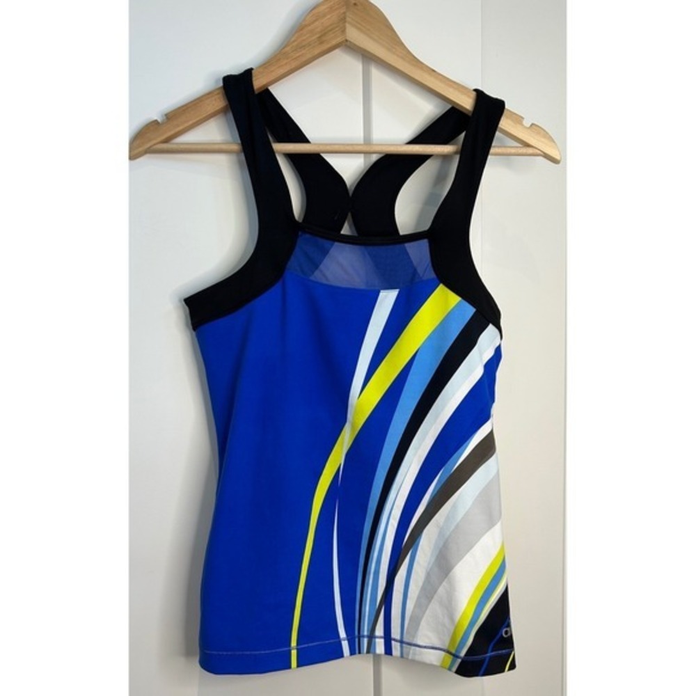 Alo Yoga CoolFit Racerback Tank Top Blue Yellow Graphic‎ Shelf Bra Womens Small